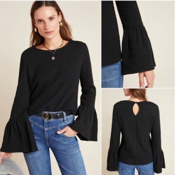 Anthropologie Porridge Small Black Top Shirt Ribbed Bell Sleeve Keyhole Back New - Picture 12 of 12